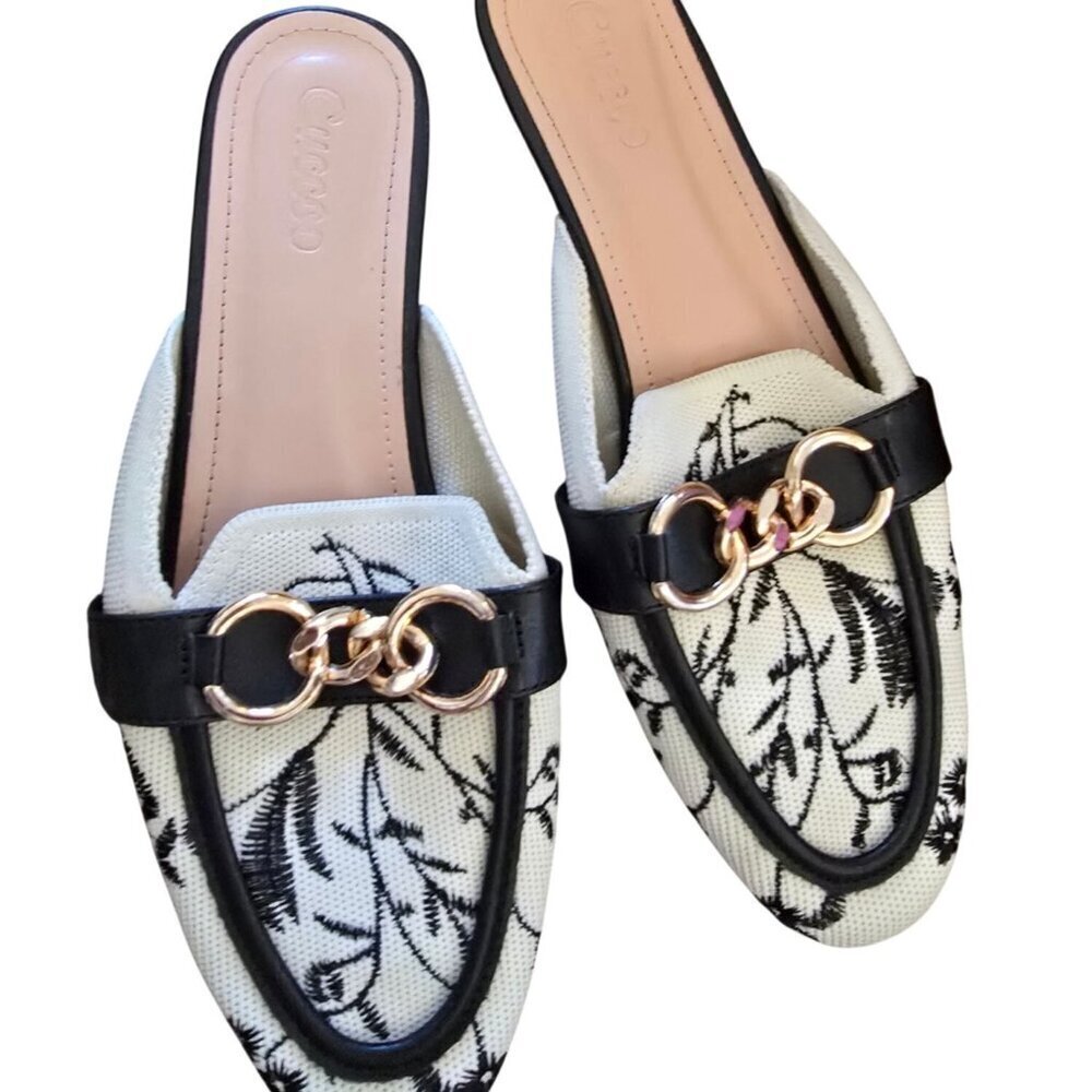 CUCCOO Tilawa Chain Decor Floral Embroidered Flat Mules Women Size 40 US 9 / 9.5